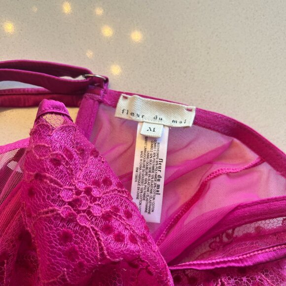 Fleur Du Mal Flocked Lace Thong Bodysuit - Hot Pink M - Picture 4 of 4